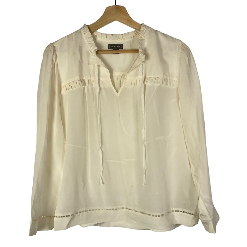 J. Crew Point Sur Ivory White Silk Ruffle Long Sleeve Blouseโ M